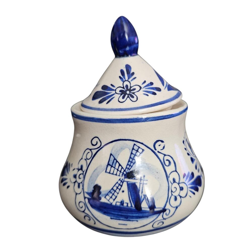 Vintage Delft Blue Holland Hand Painted Sugar Bowl Windmill Floral Lidded Jar